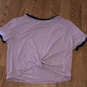 pink and white front tie striped crop top